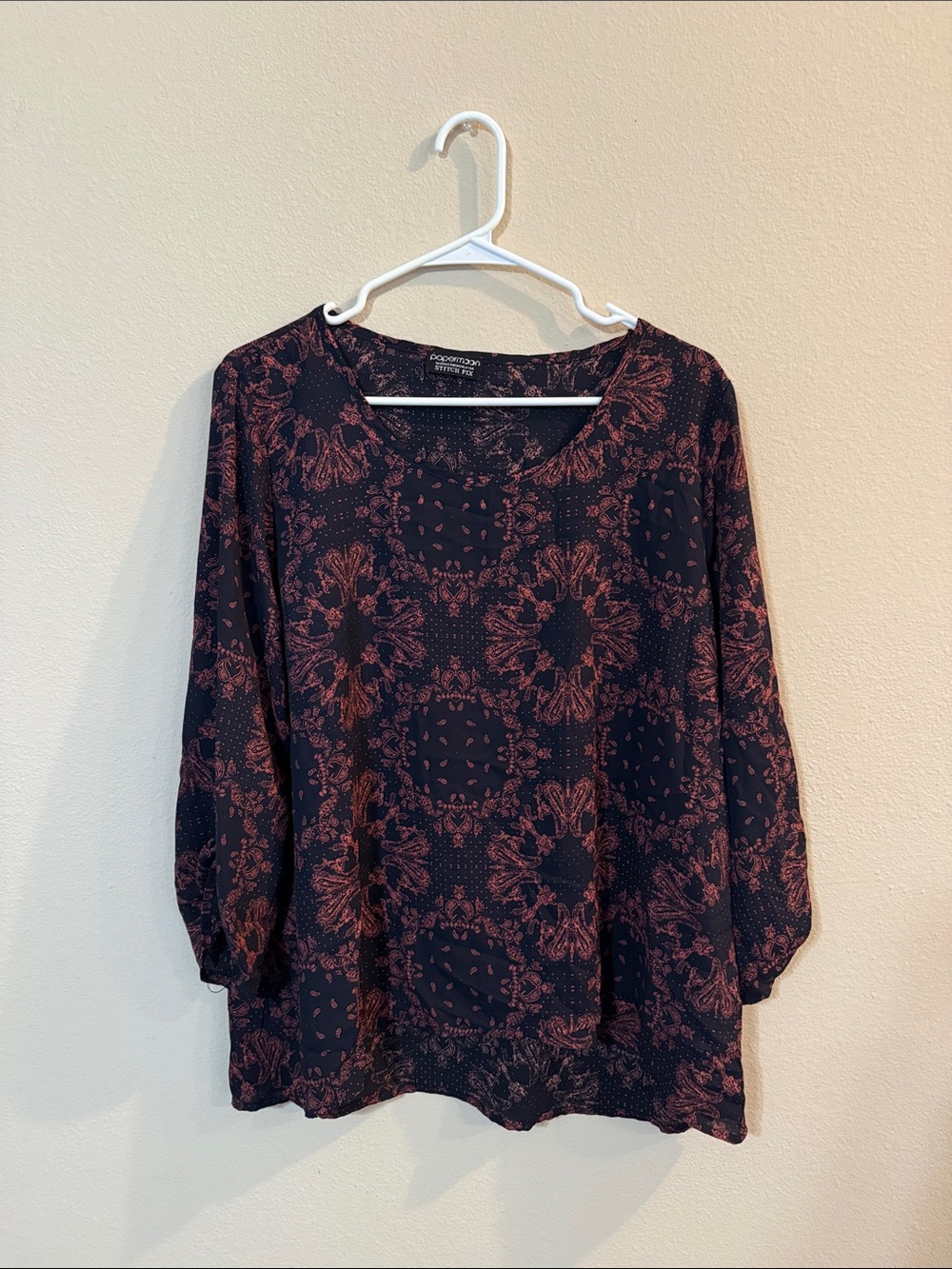 Papermoon Navy and Rust Printed Long Sleeve Scoop Neck Top